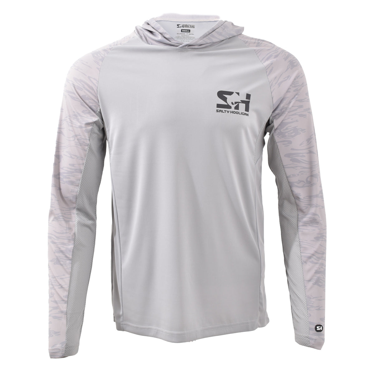Offshore Pursuit Hoodie in grey with camo sleeves, front view