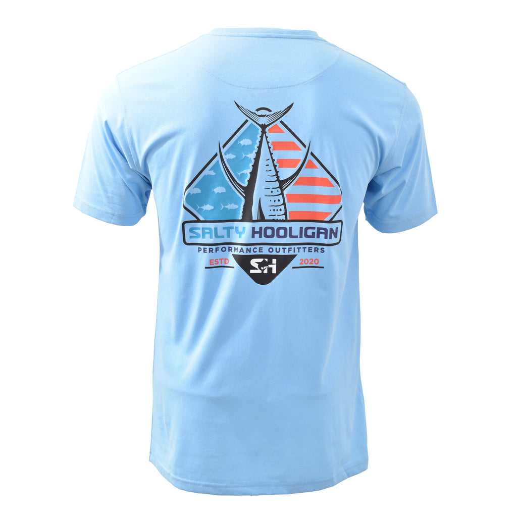 Diamond Tuna Pocket Tee in light blue, back view with American flag tuna tail graphic