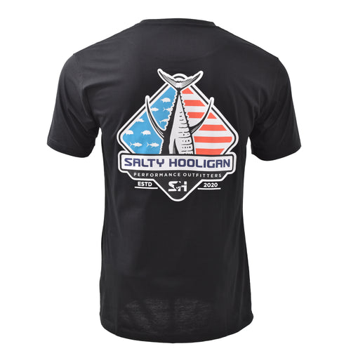 Diamond Tuna Pocket Tee in black, back view with American flag tuna tail graphic