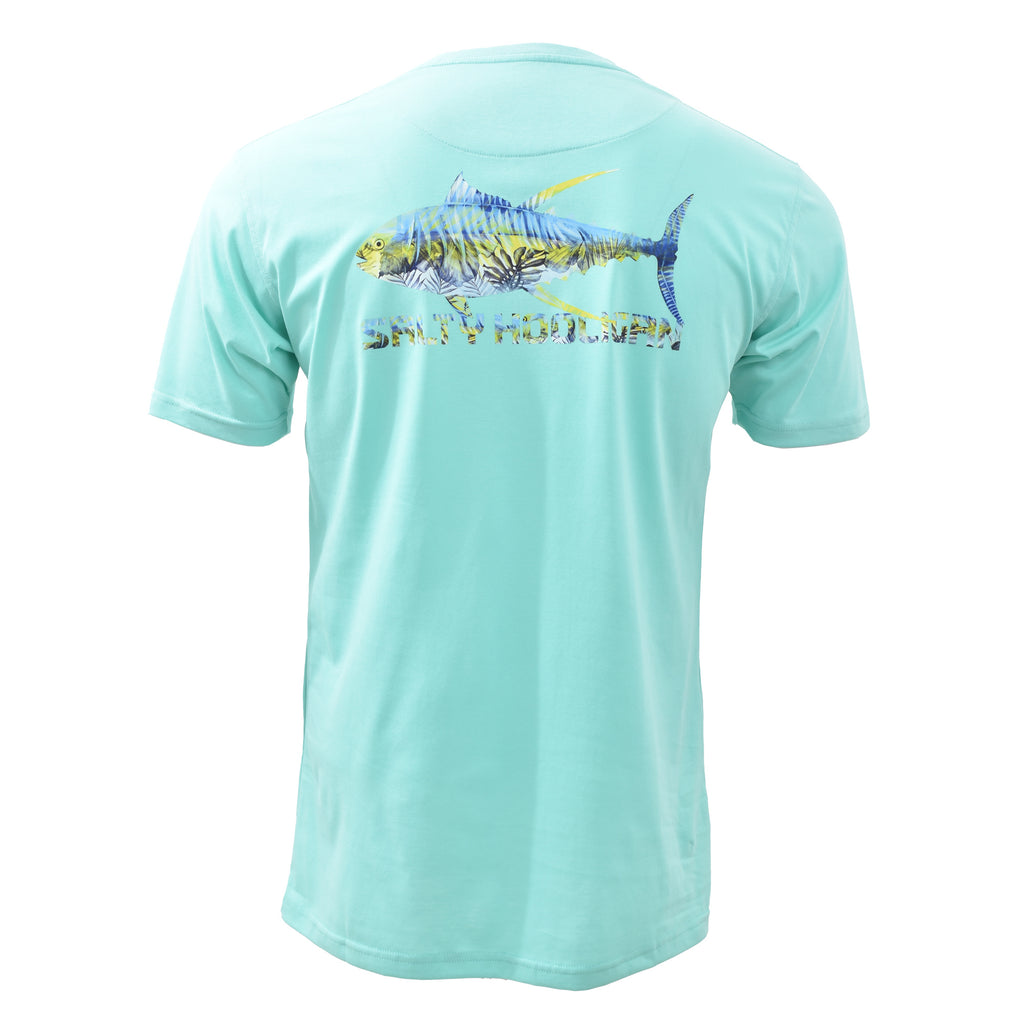 Multi Tuna Pocket Tee in mint green, back view with tuna graphic