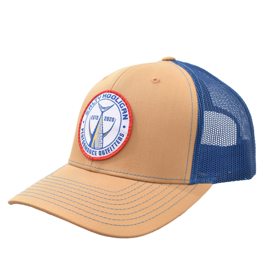 Tuna Tail Patch trucker hat in khaki with navy mesh, front view