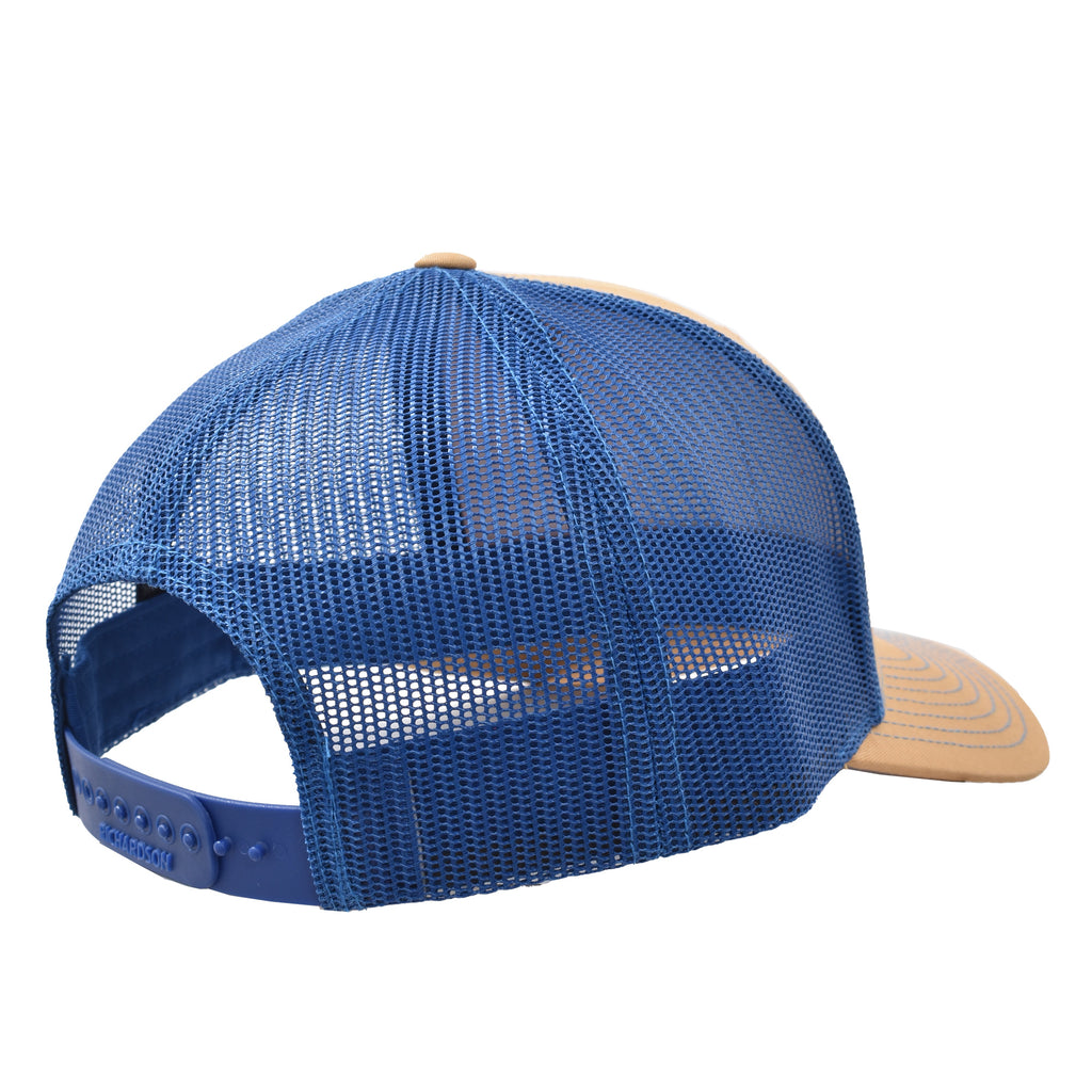 Tuna Tail Patch trucker hat in khaki with navy mesh, back view with mesh and snapback