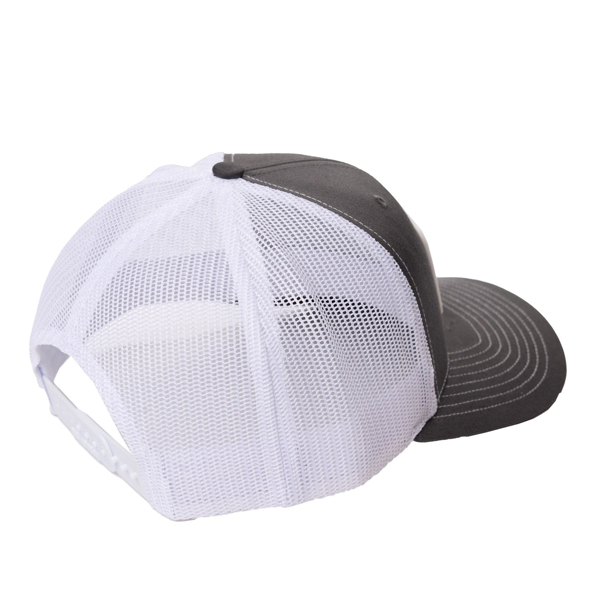 Rubber Logo Trucker hat in charcoal with white mesh, back view with mesh and snapback