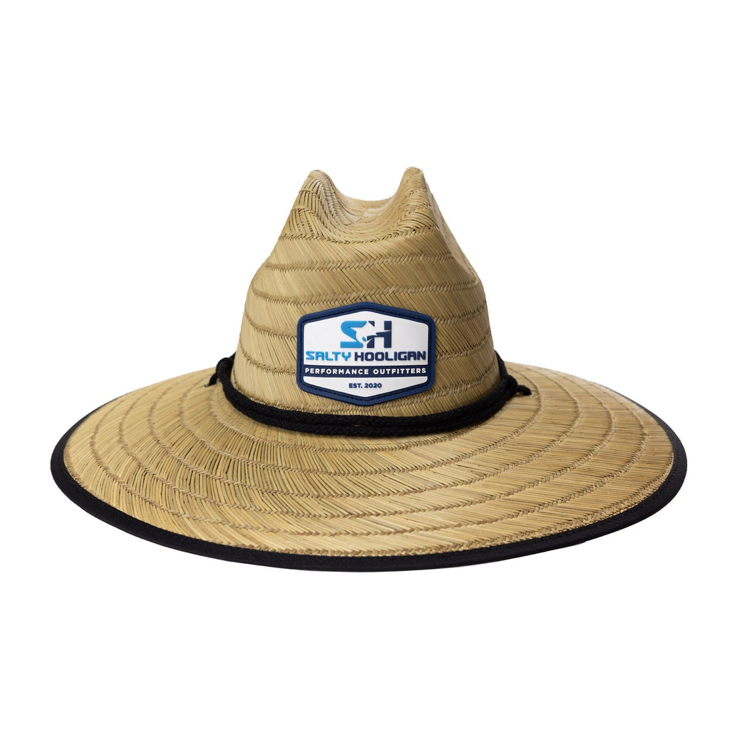 Diamond Straw Hat with Salty Hooligan patch and black trim, front view