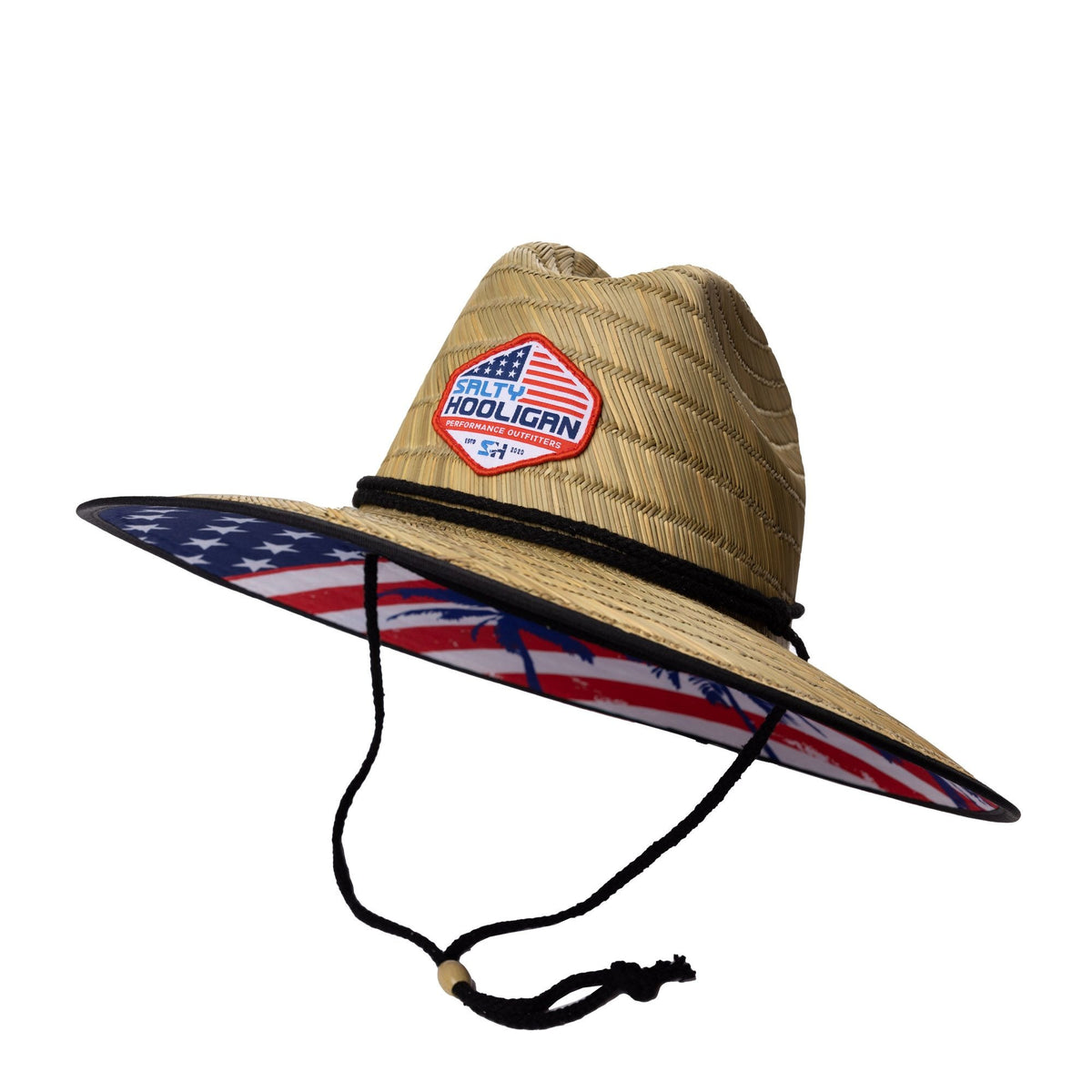 Flag Straw Hat with American flag Salty Hooligan patch, side view showing the flag-print brim lining