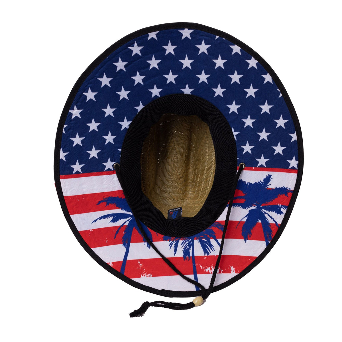Underside of the Flag Straw Hat with American flag and palm tree lining