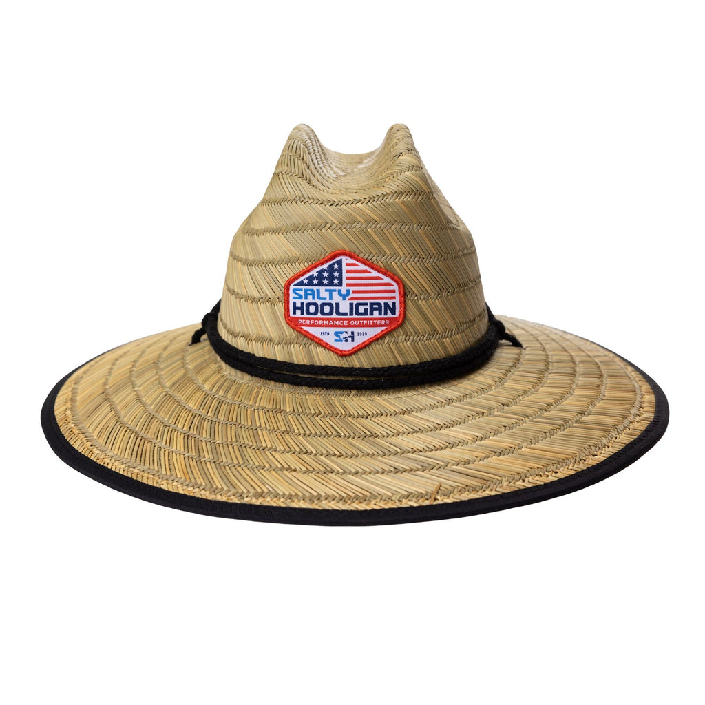 Flag Straw Hat with American flag Salty Hooligan patch, front view