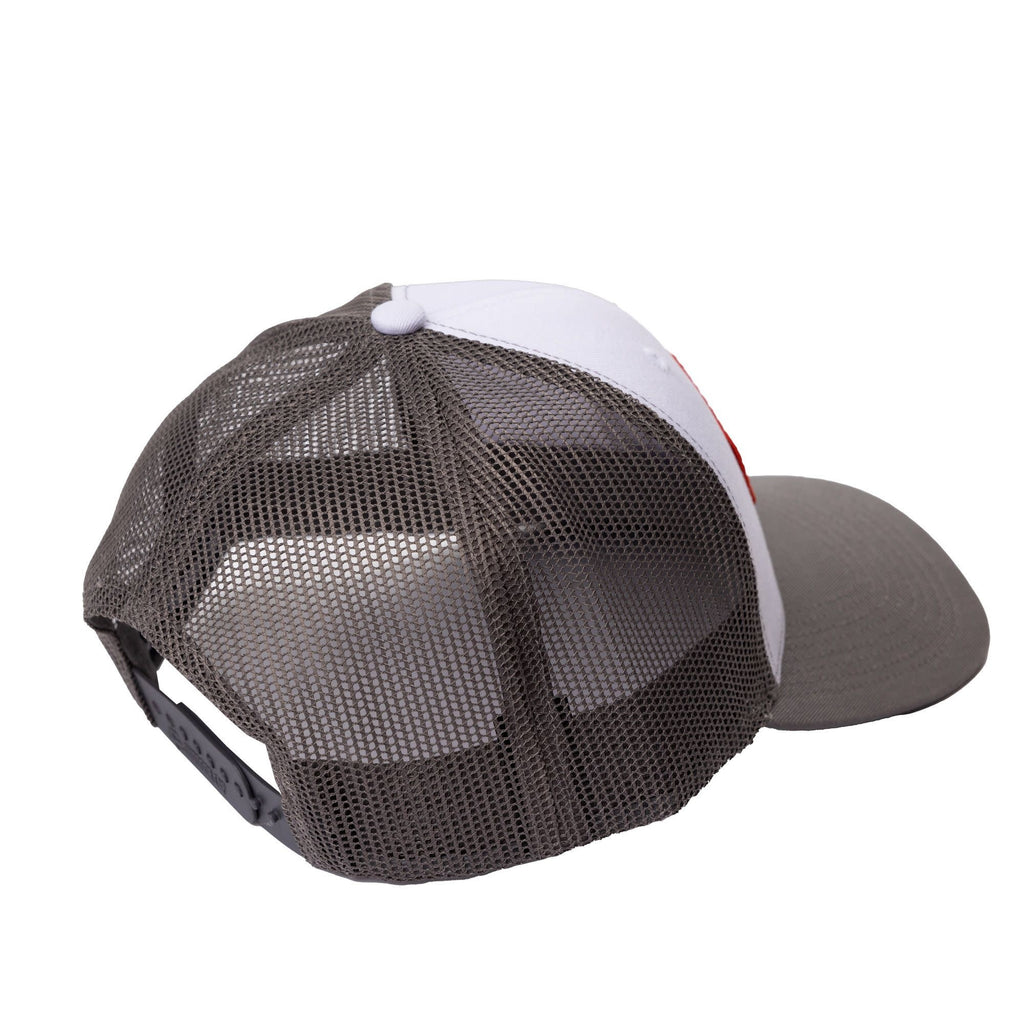 Flag Trucker hat in grey and white with American flag Salty Hooligan patch, back view with mesh and snapback