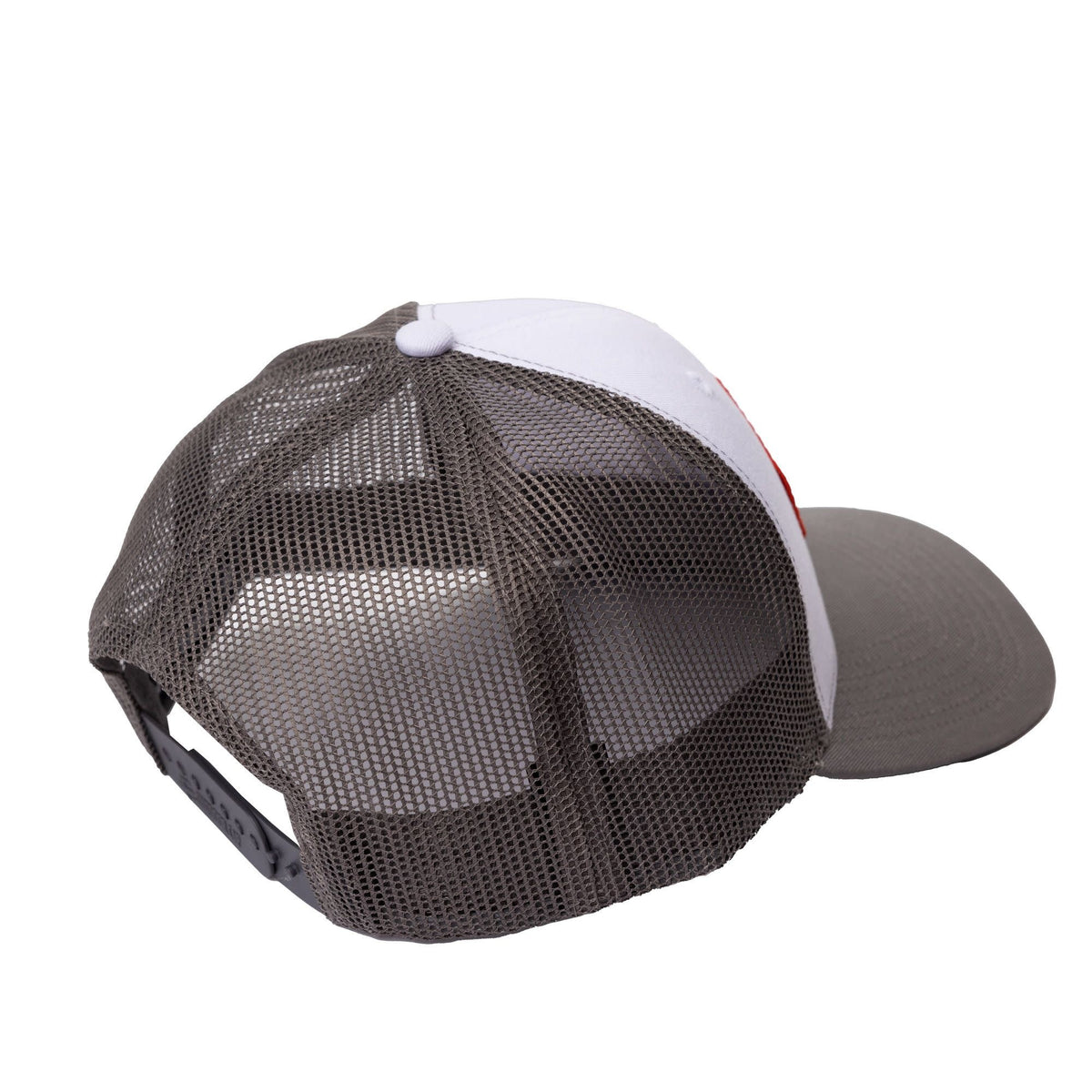 Flag Trucker hat in grey and white with American flag Salty Hooligan patch, back view with mesh and snapback