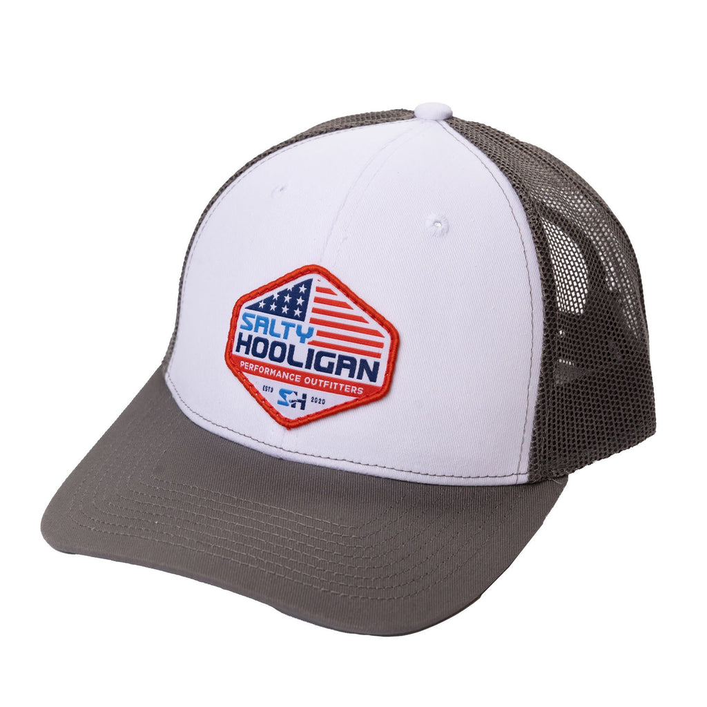 Flag Trucker hat in grey and white with American flag Salty Hooligan patch, front view