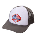 Flag Trucker hat in grey and white with American flag Salty Hooligan patch, front view