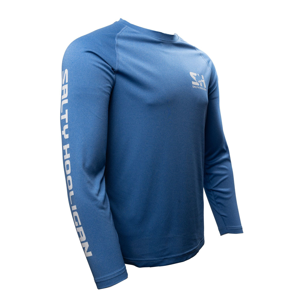 Men's Solar Tech Long Sleeve in heather blue, side view with Salty Hooligan sleeve print