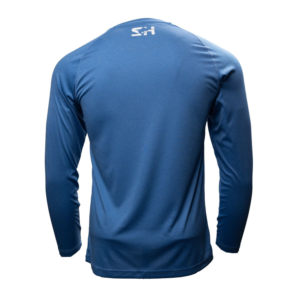 Men's Solar Tech Long Sleeve in heather blue, back view