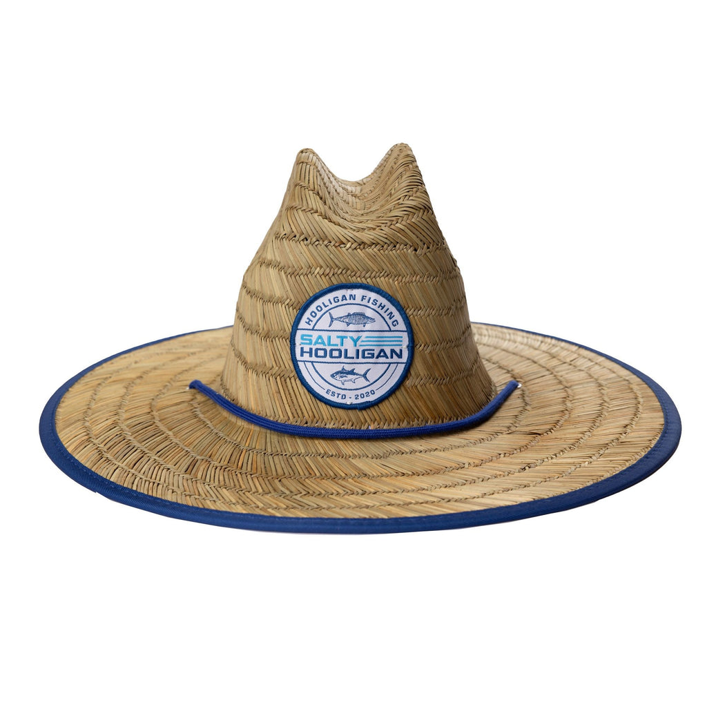 Hooligan Fishing Straw Hat with round Salty Hooligan patch and navy trim, front view