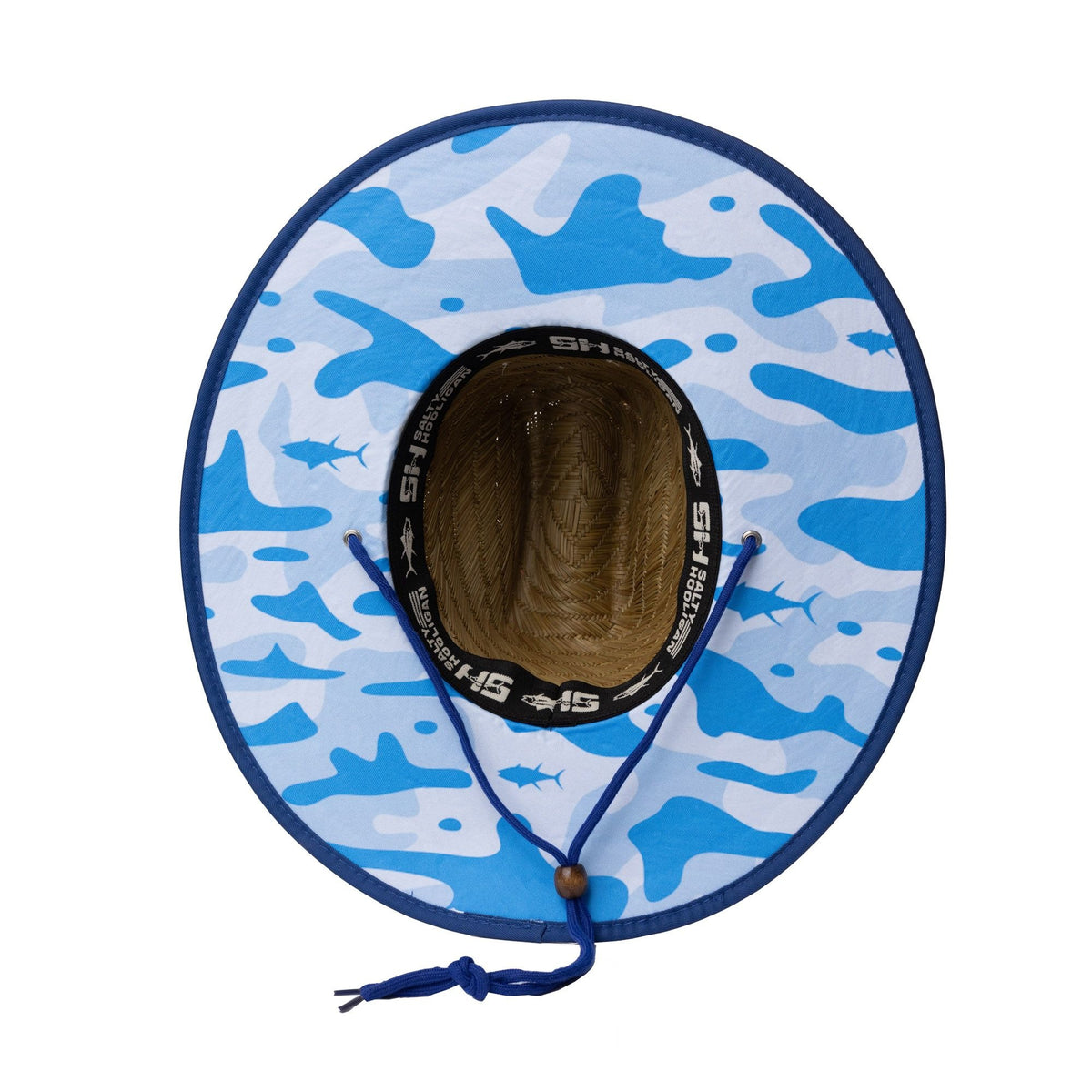 Underside of the Hooligan Fishing Straw Hat with blue camo lining and chin strap