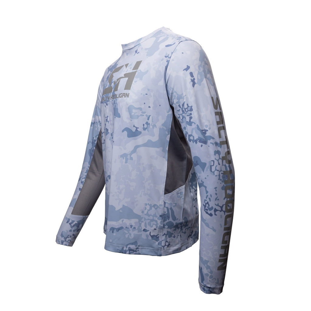 Hooligan Solar Vent Crew long sleeve in blue camo, side view with vented panel