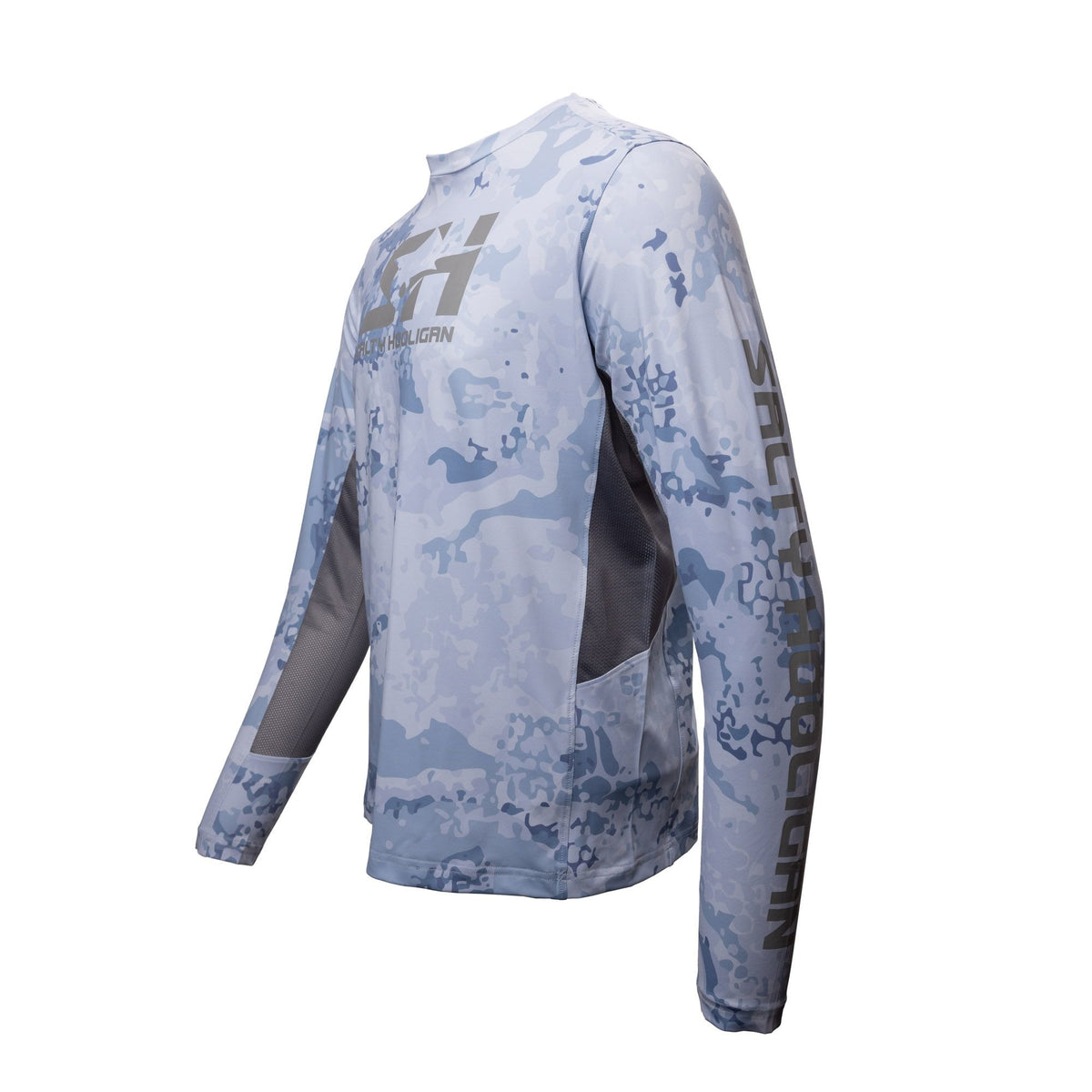 Hooligan Solar Vent Crew long sleeve in blue camo, side view with vented panel