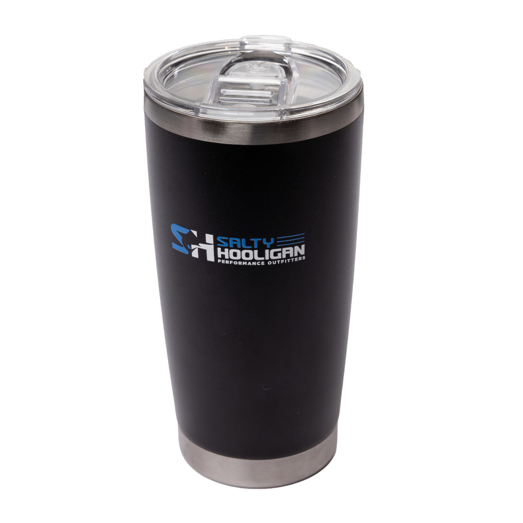 Salty Hooligan 20 oz tumbler in black with lid, three-quarter view
