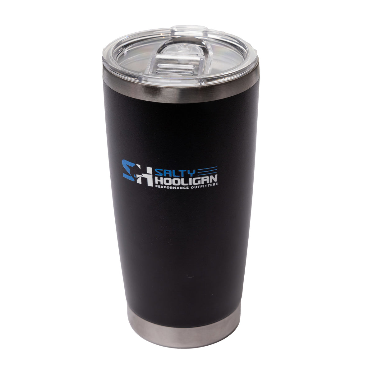 Salty Hooligan 20 oz tumbler in black with lid, three-quarter view
