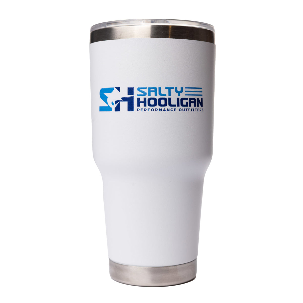 Salty Hooligan 30 oz tumbler in white, front view