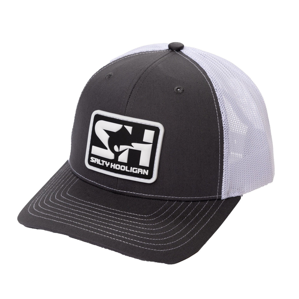 Rubber Logo Trucker hat in charcoal with white mesh, front view