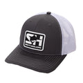Rubber Logo Trucker hat in charcoal with white mesh, front view