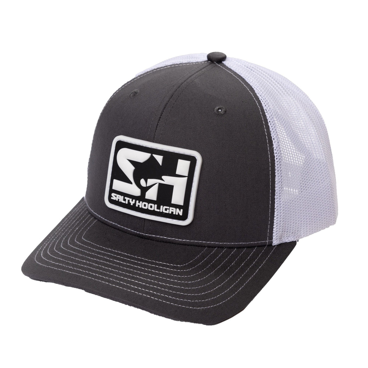 Rubber Logo Trucker hat in charcoal with white mesh, front view