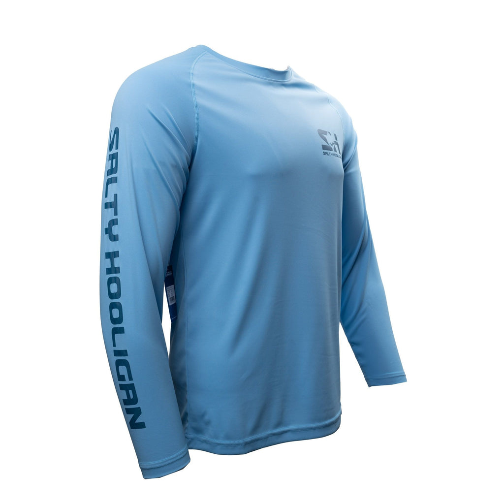 Men's Solar Tech Long Sleeve in light blue, side view with Salty Hooligan sleeve print