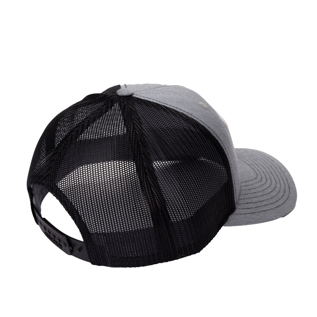 Rubber Logo Trucker hat in heather grey with black mesh, back view with mesh and snapback