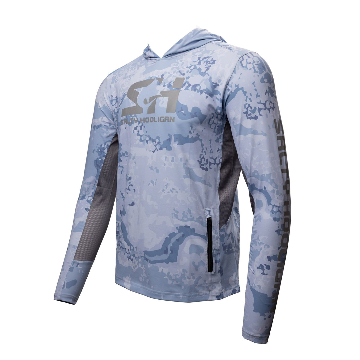 Hooligan Solar Vent Hoodie in blue camo, three-quarter view with zip pocket