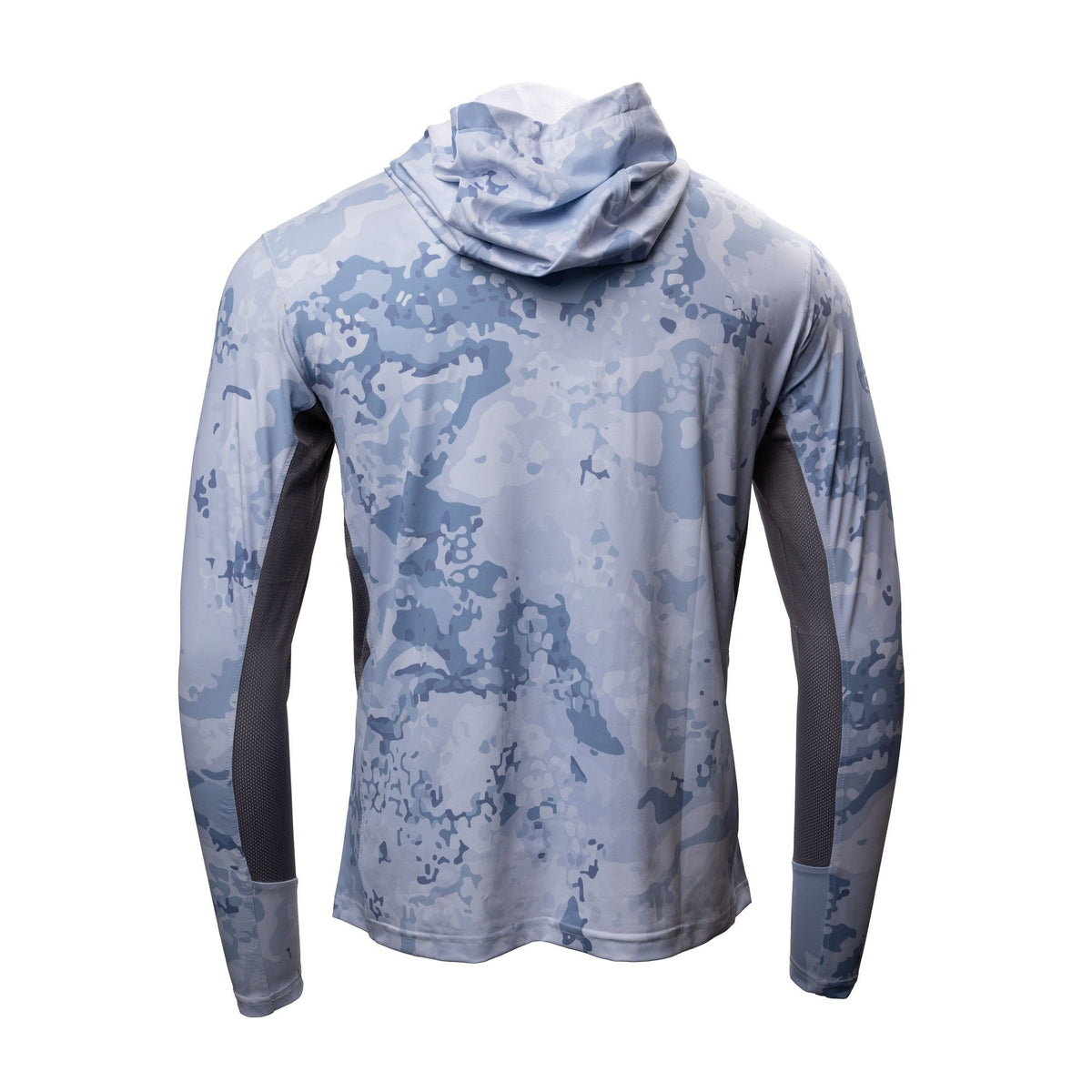 Hooligan Solar Vent Hoodie in blue camo, back view with hood