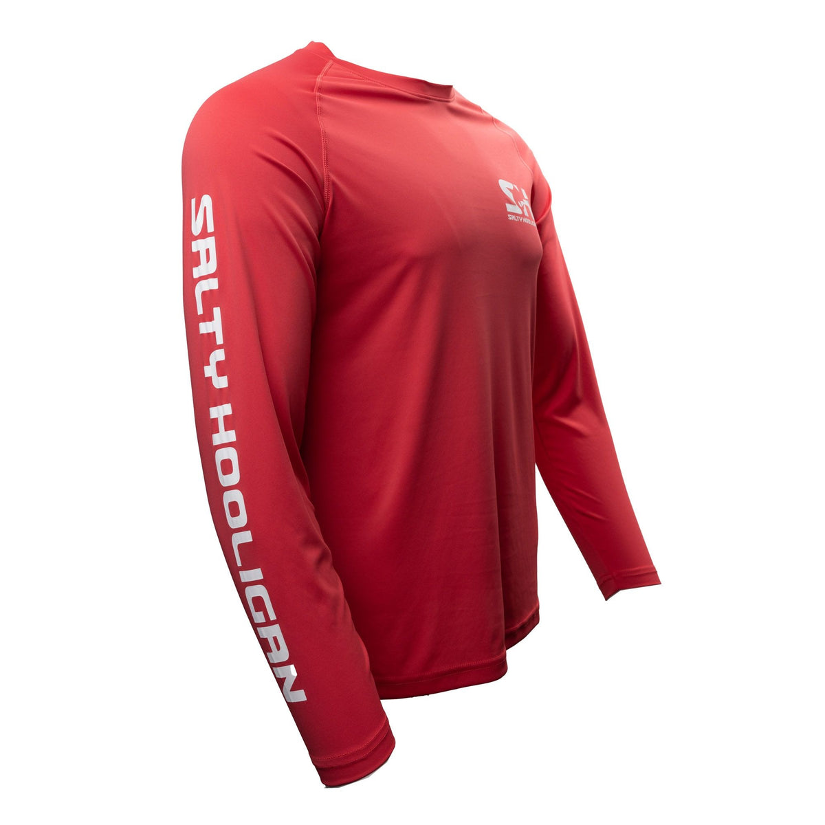 Men's Solar Tech Long Sleeve in fire red, side view with Salty Hooligan sleeve print