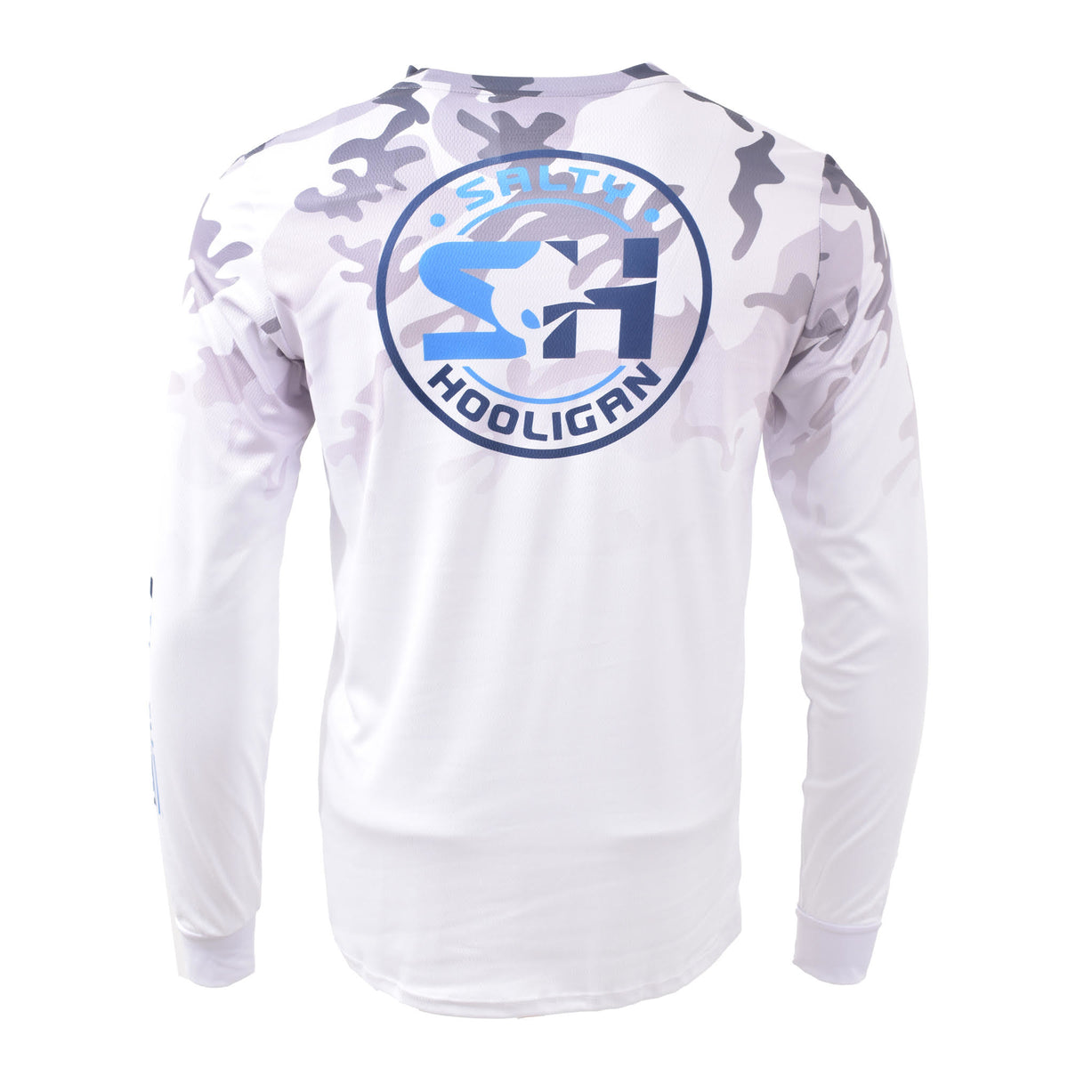 Hooligan Camo Long Sleeve in white camo, back view with round Salty Hooligan logo