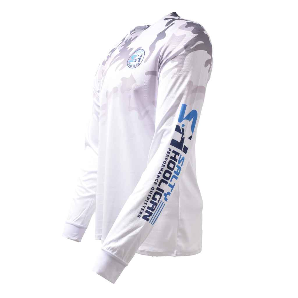 Hooligan Camo Long Sleeve in white camo, side view with Salty Hooligan sleeve print