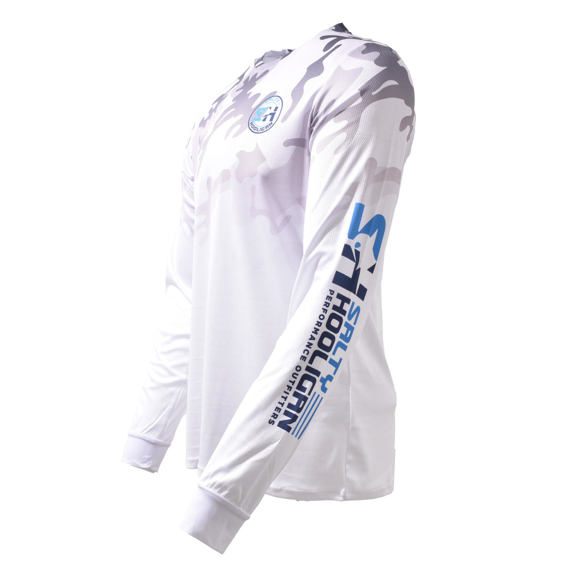 Hooligan Camo Long Sleeve in white camo, side view with Salty Hooligan sleeve print