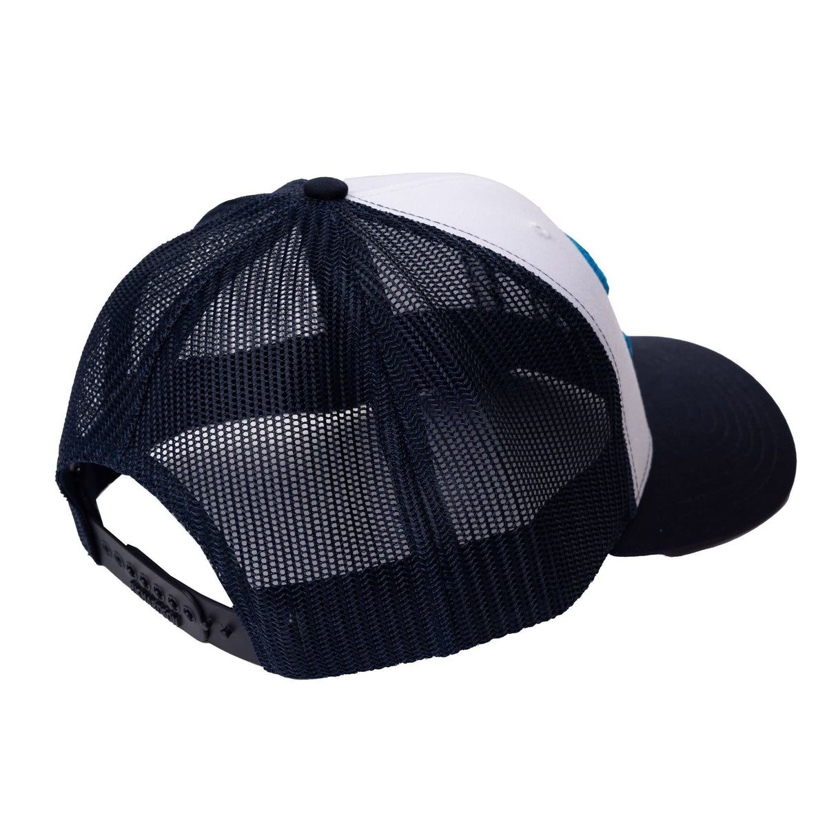 Stitch Logo Trucker hat in white and navy, back view with mesh and snapback