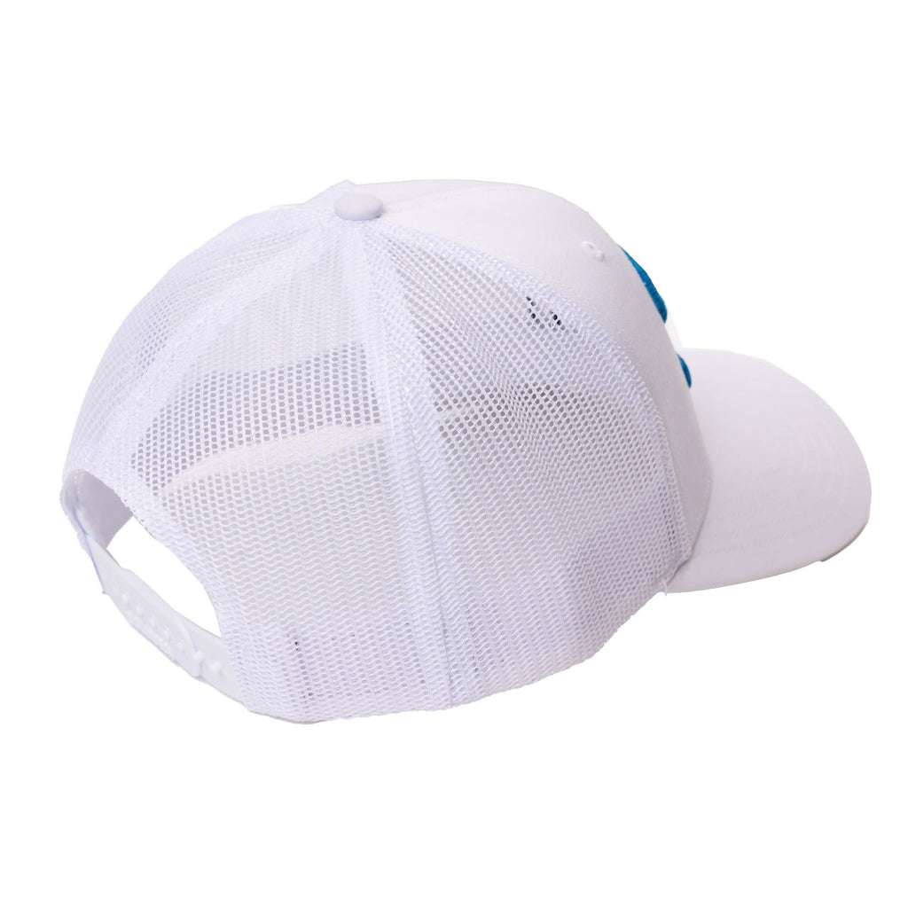 Stitch Logo Trucker hat in white, back view with mesh and snapback