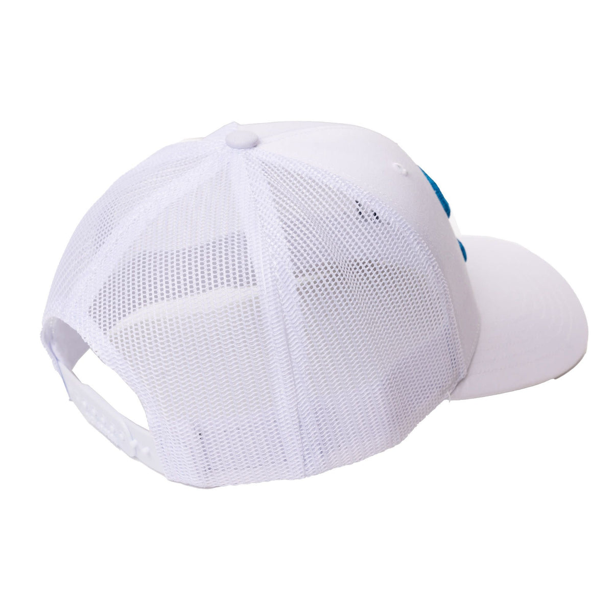 Stitch Logo Trucker hat in white, back view with mesh and snapback