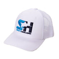 Stitch Logo Trucker hat in white with embroidered blue SH logo, front view